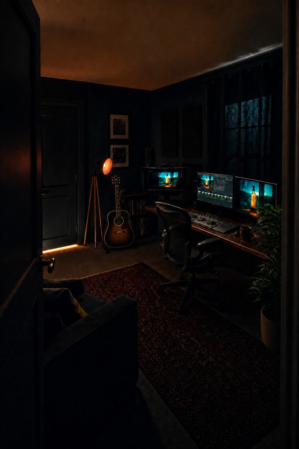 The suite from the doorway: desk, three monitors, chair, and a warm practical.