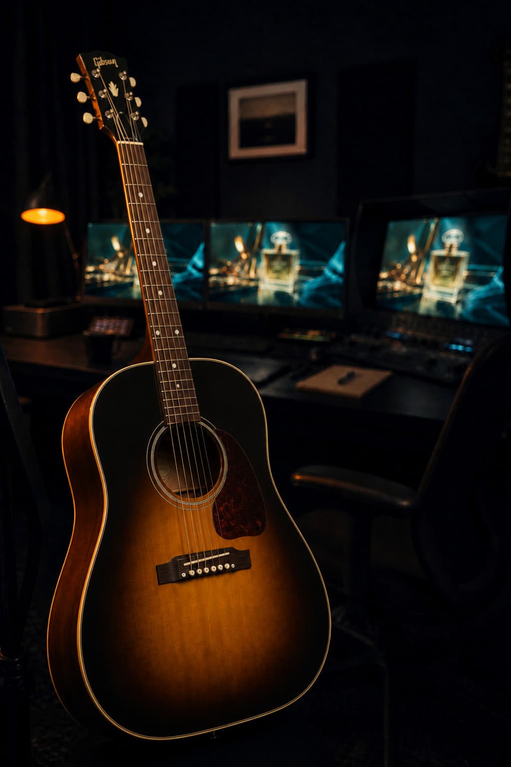 Gibson J-45 acoustic-electric in the foreground, monitors glowing in the background.