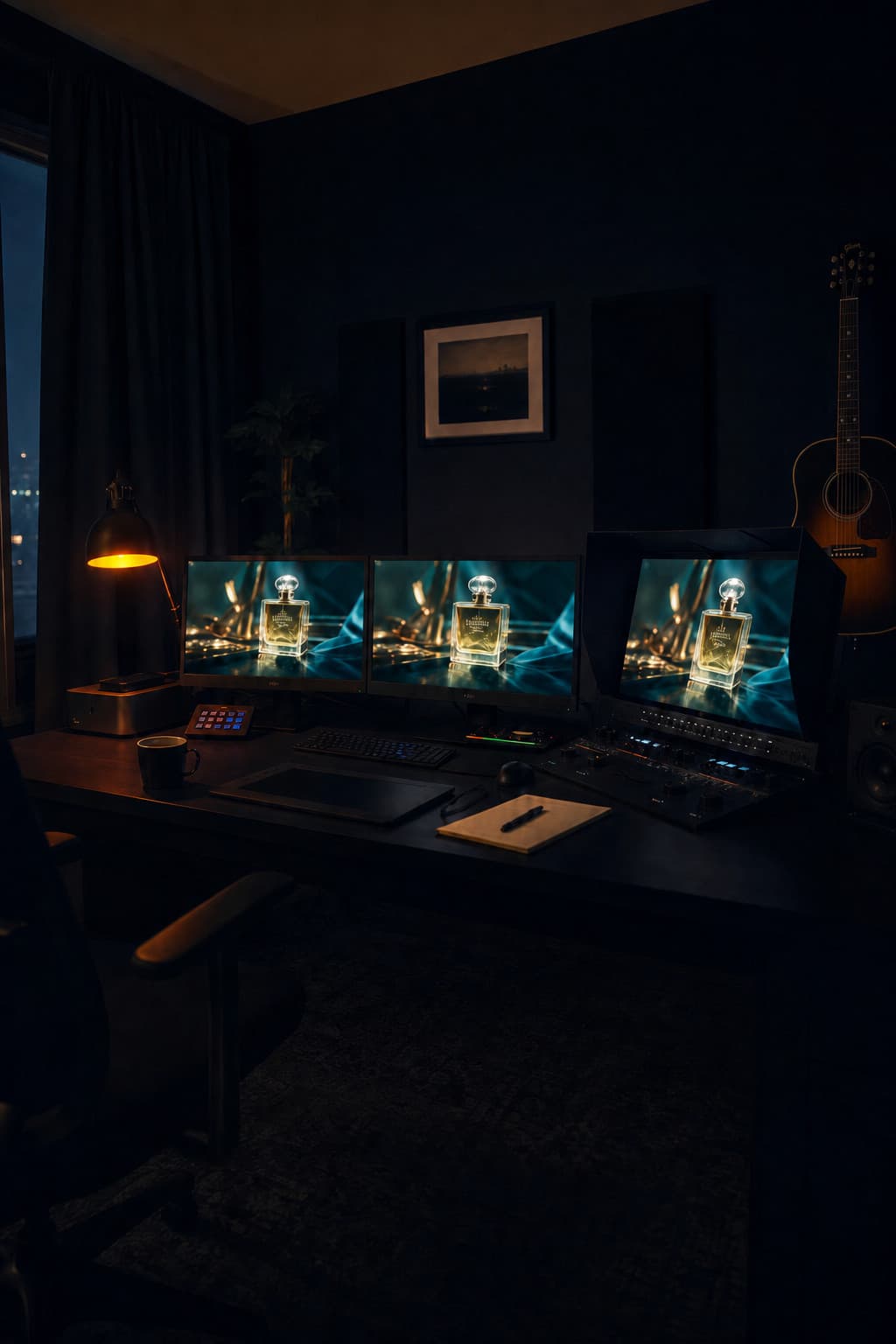 Home finishing suite at night. Two computer monitors and a hooded color grading monitor showing a graded product shot.