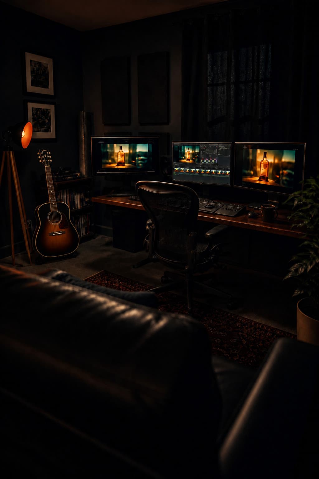 From the sofa, looking across the dark room to the finishing desk.